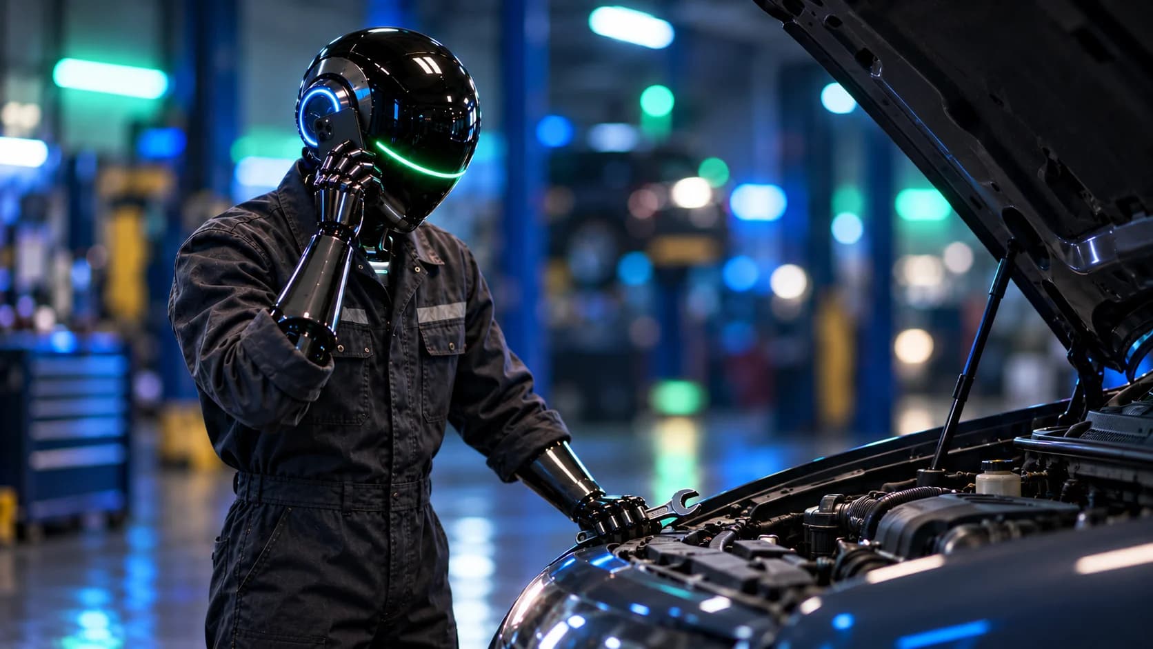 Un robot mécanicien téléphone à côté d'une voiture au capot ouvert dans un garage.