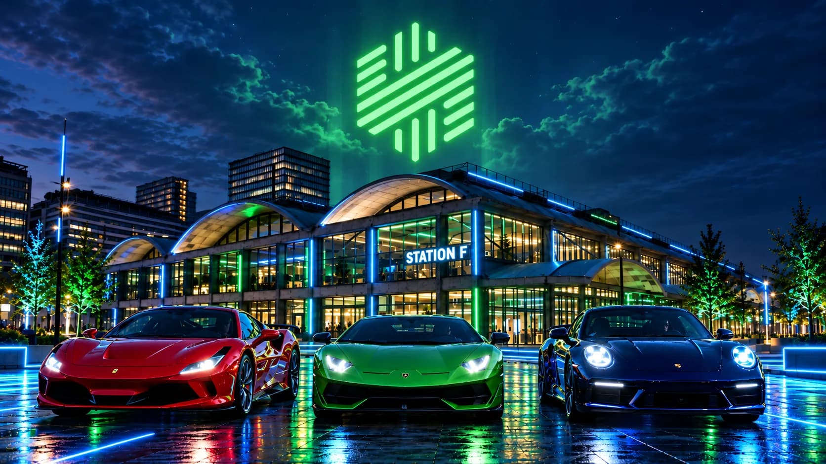 Three sports cars lit by neon at night in front of the STATION F building in Paris, with a green Lineshift-style mark glowing above the campus.