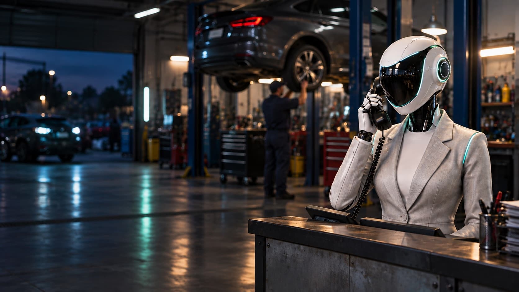 An AI receptionist takes a repair shop call while the technicians continue working.